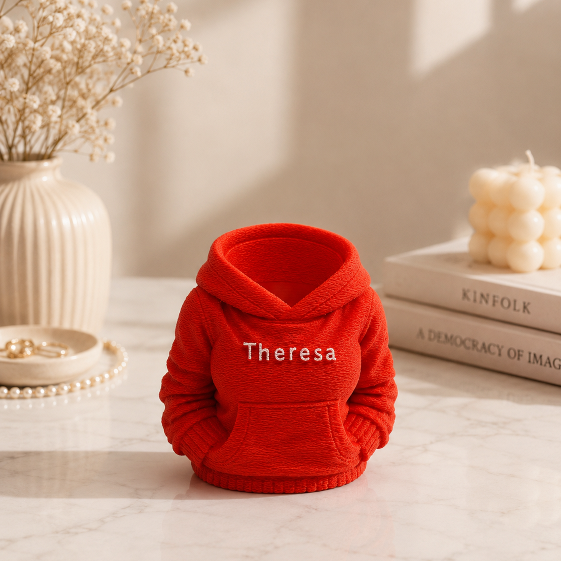 Femail hoodie shaped desk organiser in red colour with name Theresa