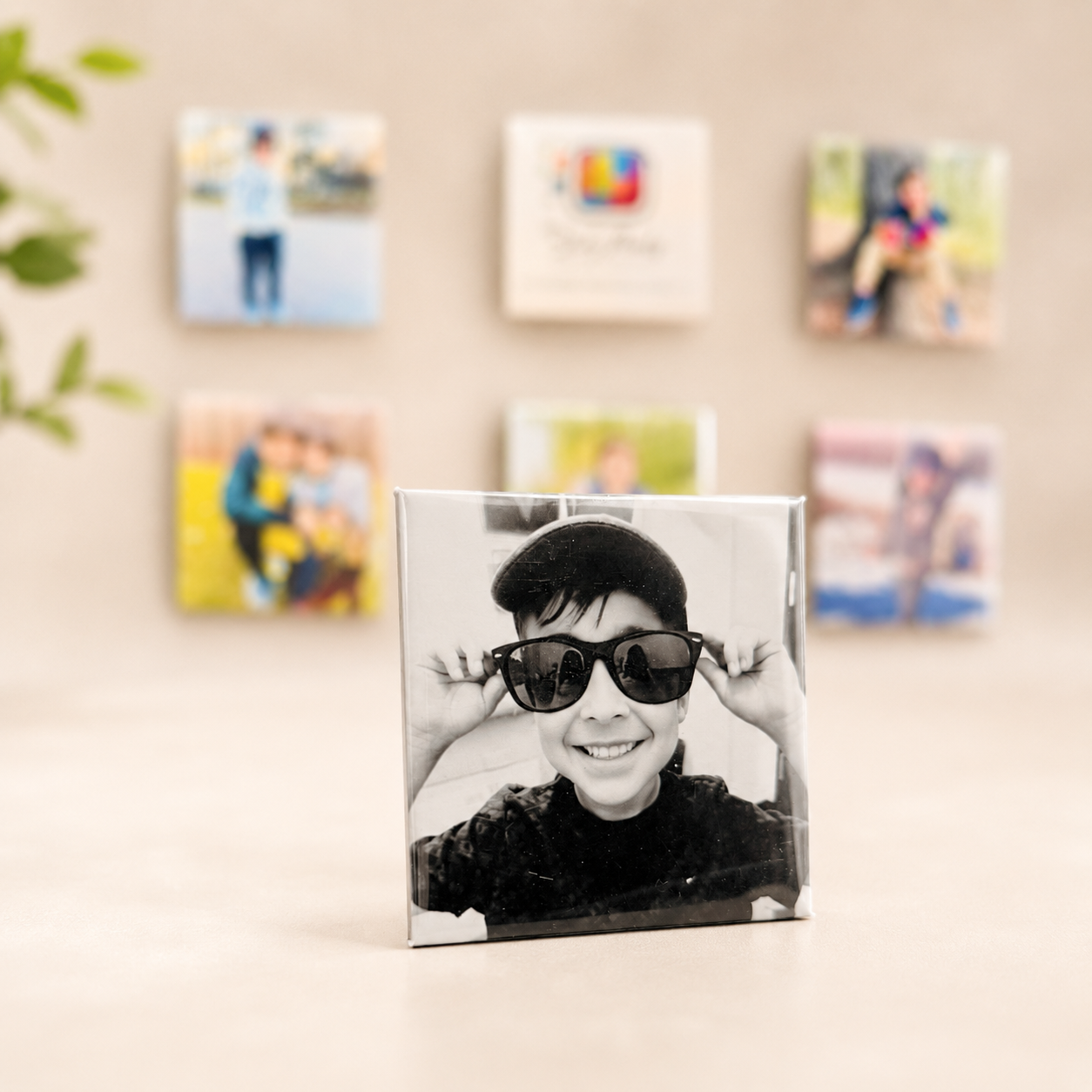 Square photo magnet with black and white photo