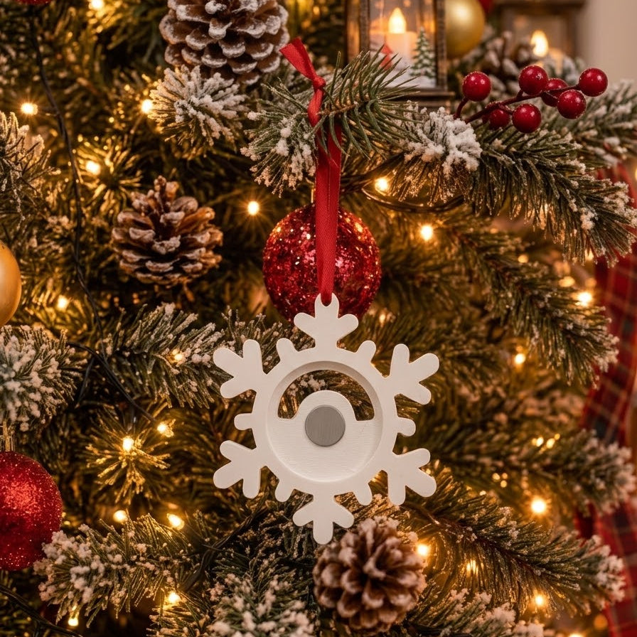 Christmas photo magnet ornament with ribbon in the shape of flake