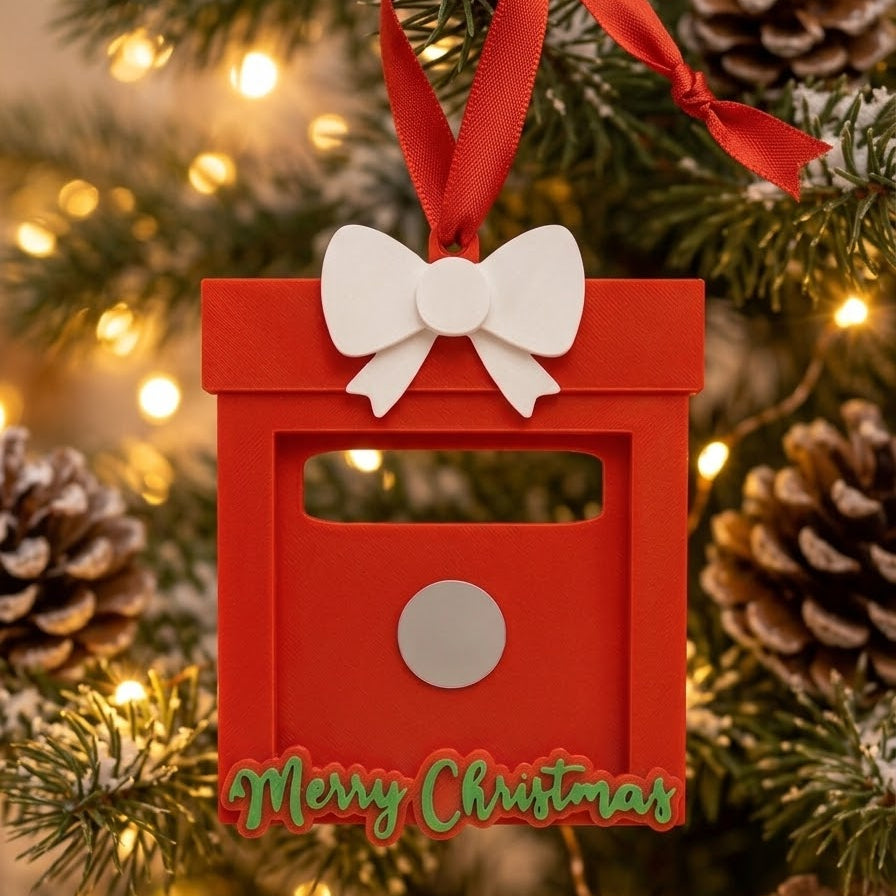 Christmas photo magnet ornament with ribbon and white bow