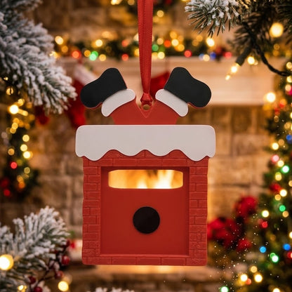 Christmas photo magnet ornament in the shape of chimney with red ribbon