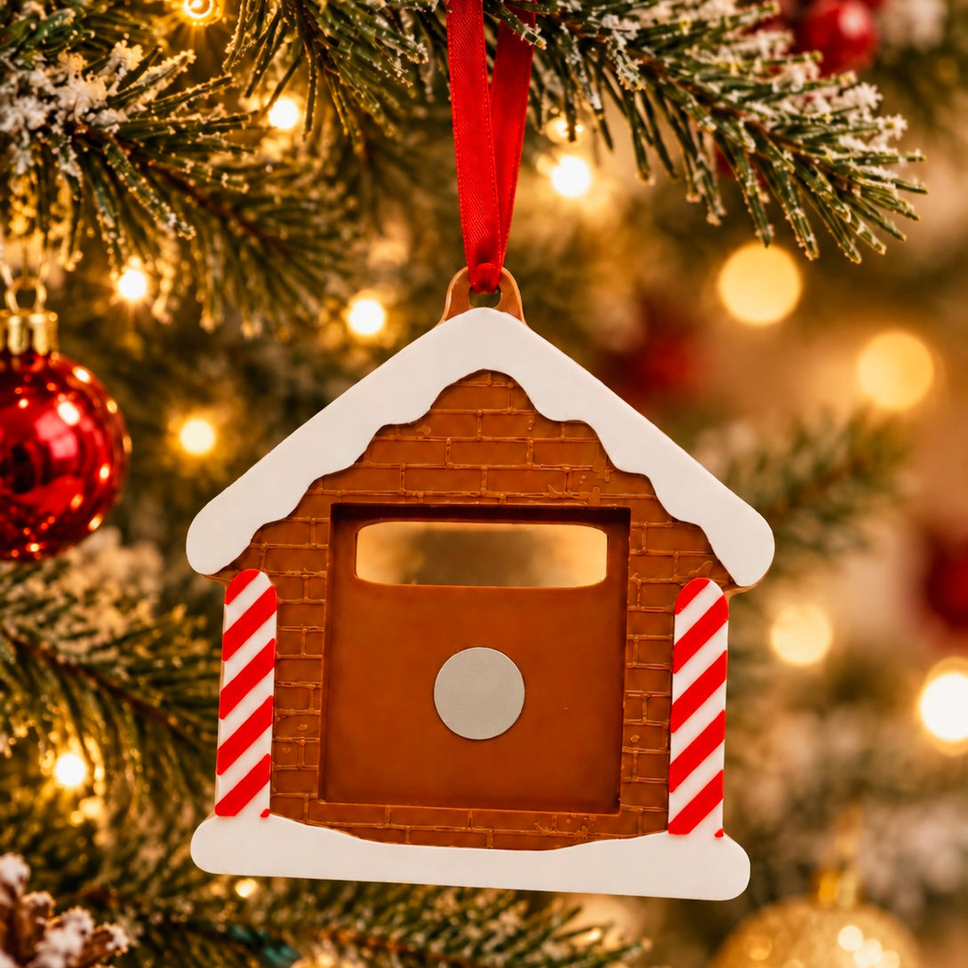 Christmas Photo Magnet Ornament with ribbon in the shape of ginger bread house