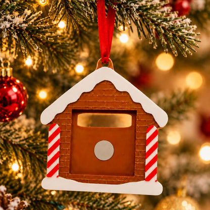 Christmas Photo Magnet Ornament with ribbon in the shape of ginger bread house