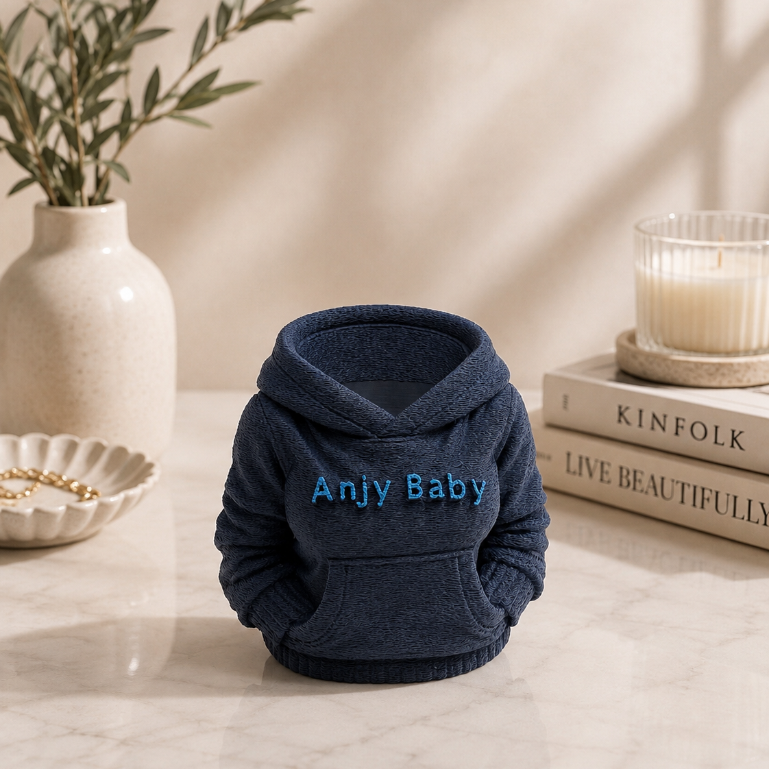 Femail hoodie shaped desk organiser in dark blue colour with name Anjy Baby