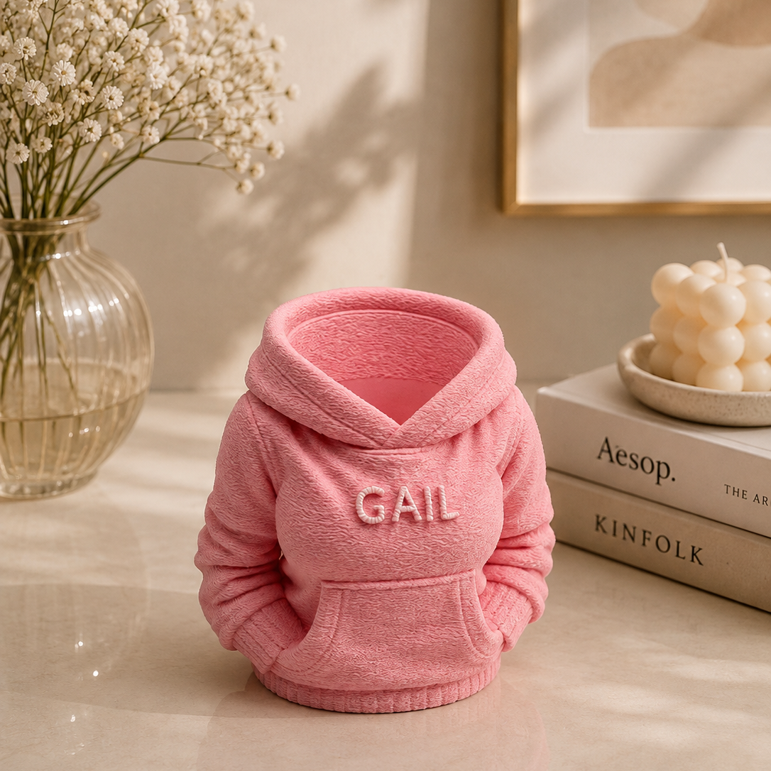 Female hoodie shaped pen holder with name Gail