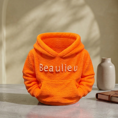 Personalised 3D printed hoodie shaped desk organiser in orange with name Beaulieu