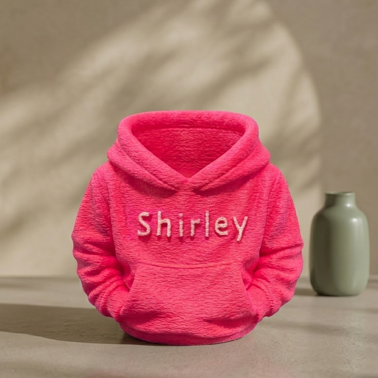 Personalised 3D printed hoodie shaped desk organiser in magenta with name Shirley