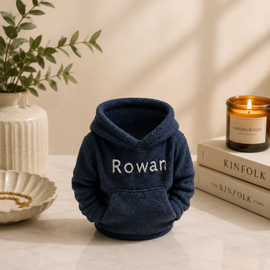 Custom 3D printed hoodie desk organiser in navy blue with personalised name Rowan in white