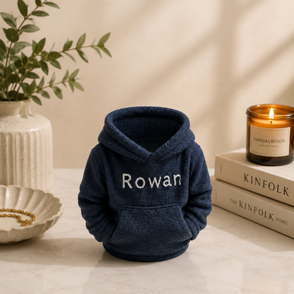 Custom 3D printed hoodie desk organiser in navy blue with personalised name Rowan in white