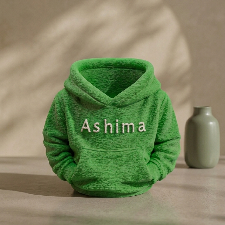 Pen Holder in the shape of Hoodie with name Ashima in green colour