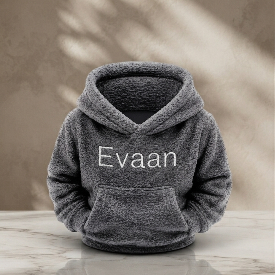 Custom 3D printed hoodie desk organiser in grey with personalised name Evaan in white