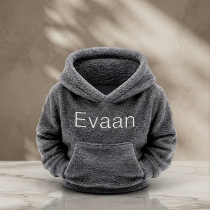 Custom 3D printed hoodie desk organiser in grey with personalised name Evaan in white