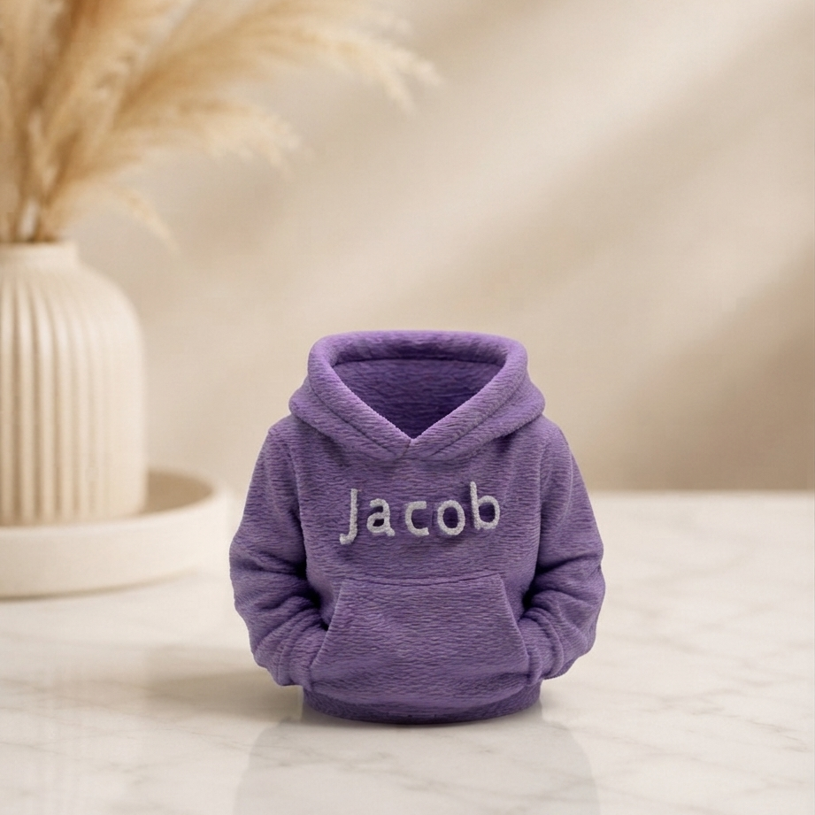 Custom 3D printed hoodie desk organiser in 
Purple with personalised name Jacob in white
