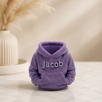 Custom 3D printed hoodie desk organiser in 
Purple with personalised name Jacob in white