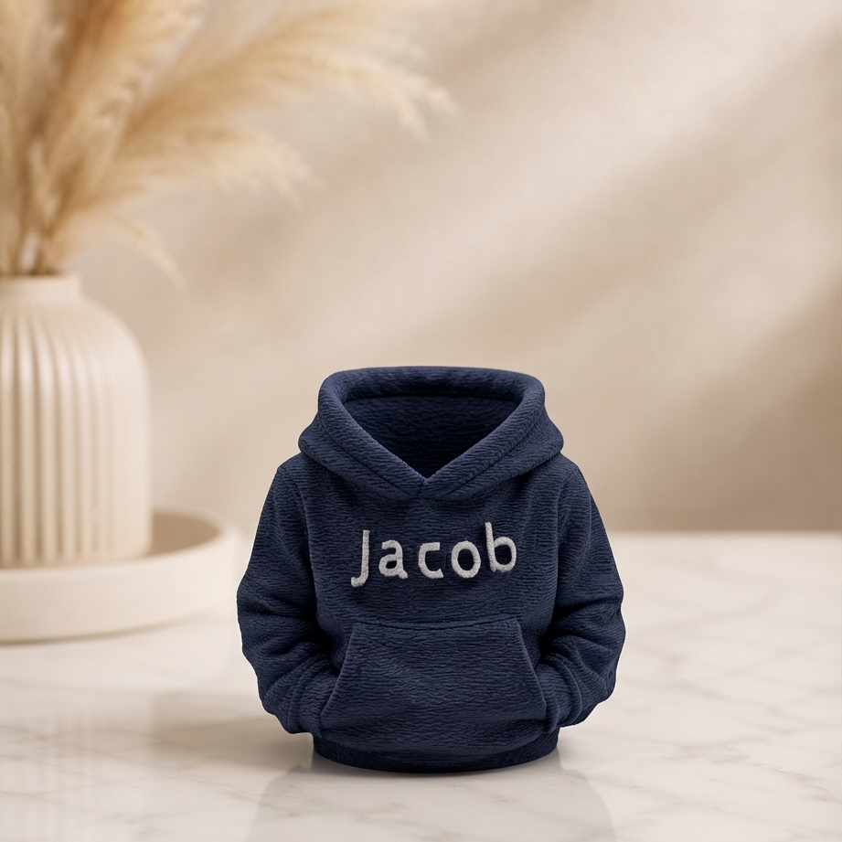 Custom 3D printed hoodie desk organiser in navy blue with personalised name Jacob in white