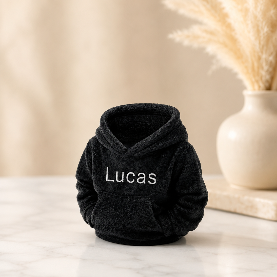 Custom 3D printed hoodie desk organiser in black with personalised name Lucas in white