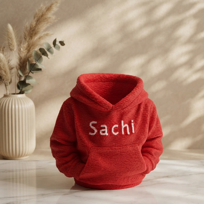 Custom 3D printed hoodie desk organiser in Red with personalised name Sachi  in white