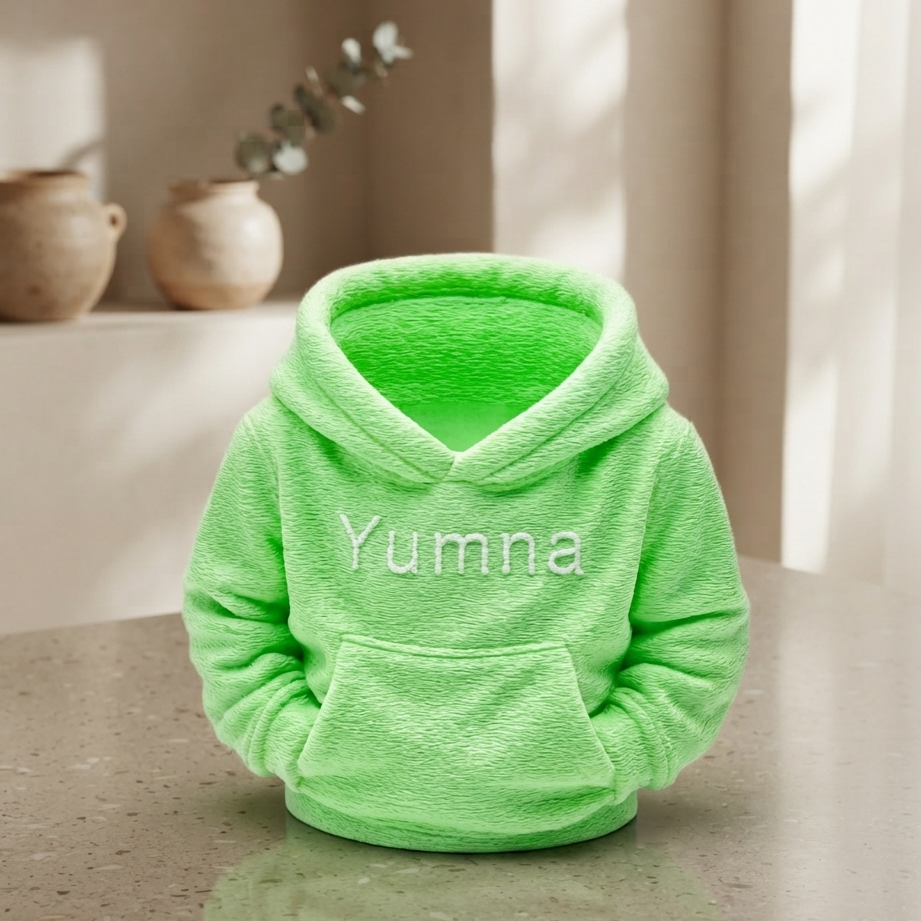 Custom 3D printed hoodie desk organiser in mint green with personalised name Yumna in white