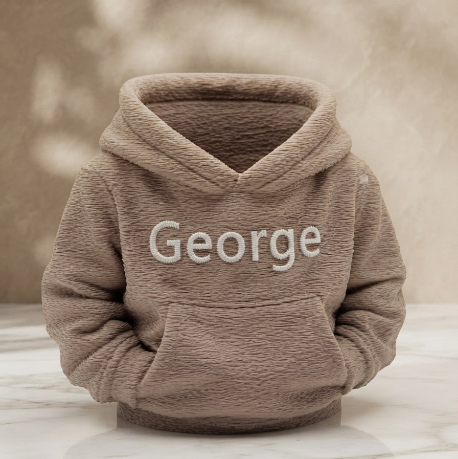 Personalised miniature hoodie desk organiser in brown PLA with name George in white lettering