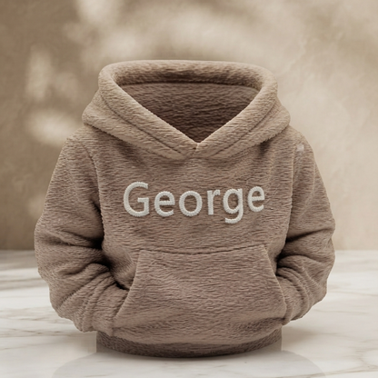 Personalised miniature hoodie desk organiser in brown PLA with name George in white lettering