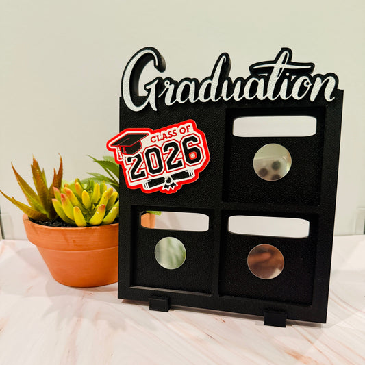 3D printed graduation photo magnet display frame for grad keepsake to hold 3 photo magnets in black color with white text