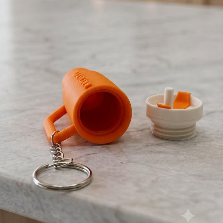Sipper shaped keychain in orange colour and lying on the counter table