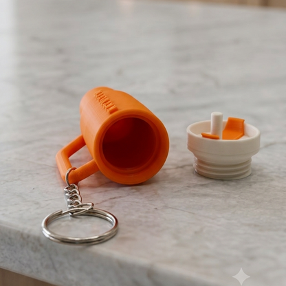 Sipper shaped keychain in orange colour and lying on the counter table