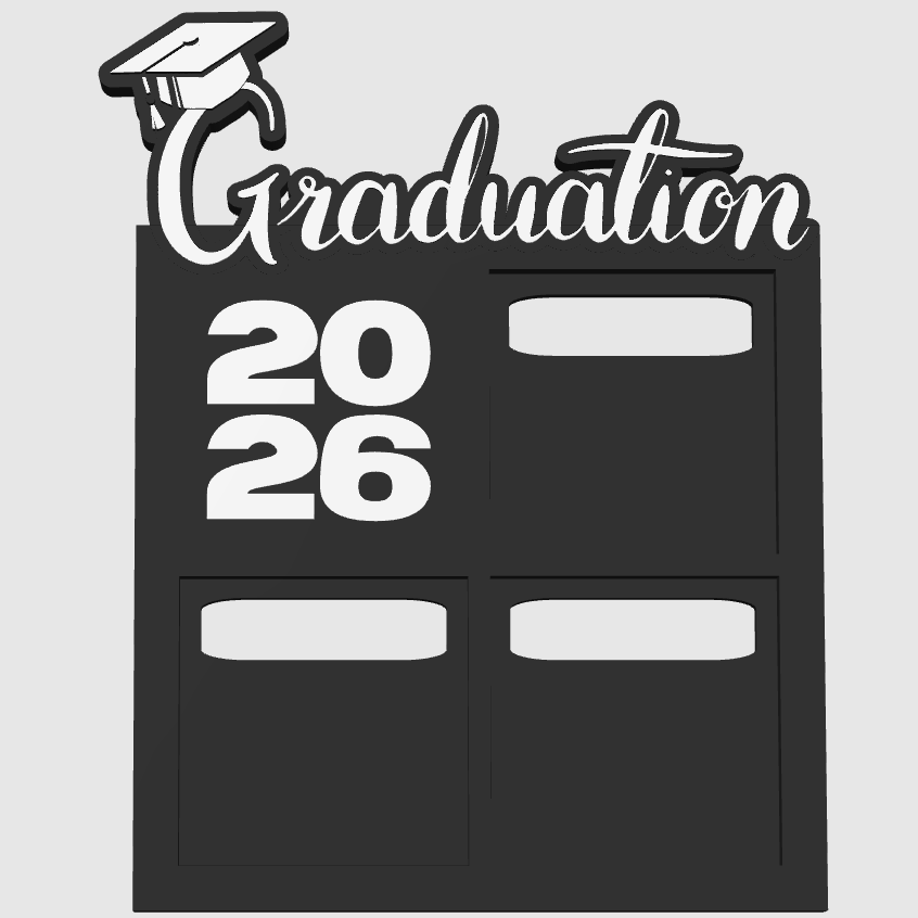 3D printed graduation photo magnet display frame for grad keepsake to hold 3 photo magnets in black color with white text