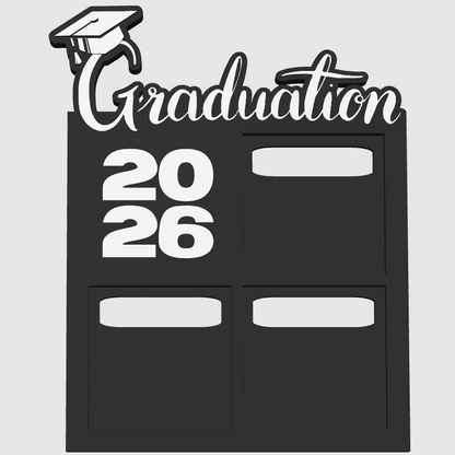 3D printed graduation photo magnet display frame for grad keepsake to hold 3 photo magnets in black color with white text