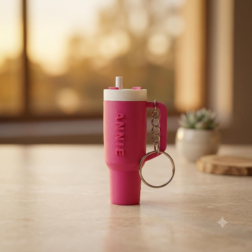 Sipper shaped keychain in magenta colour with name Annie