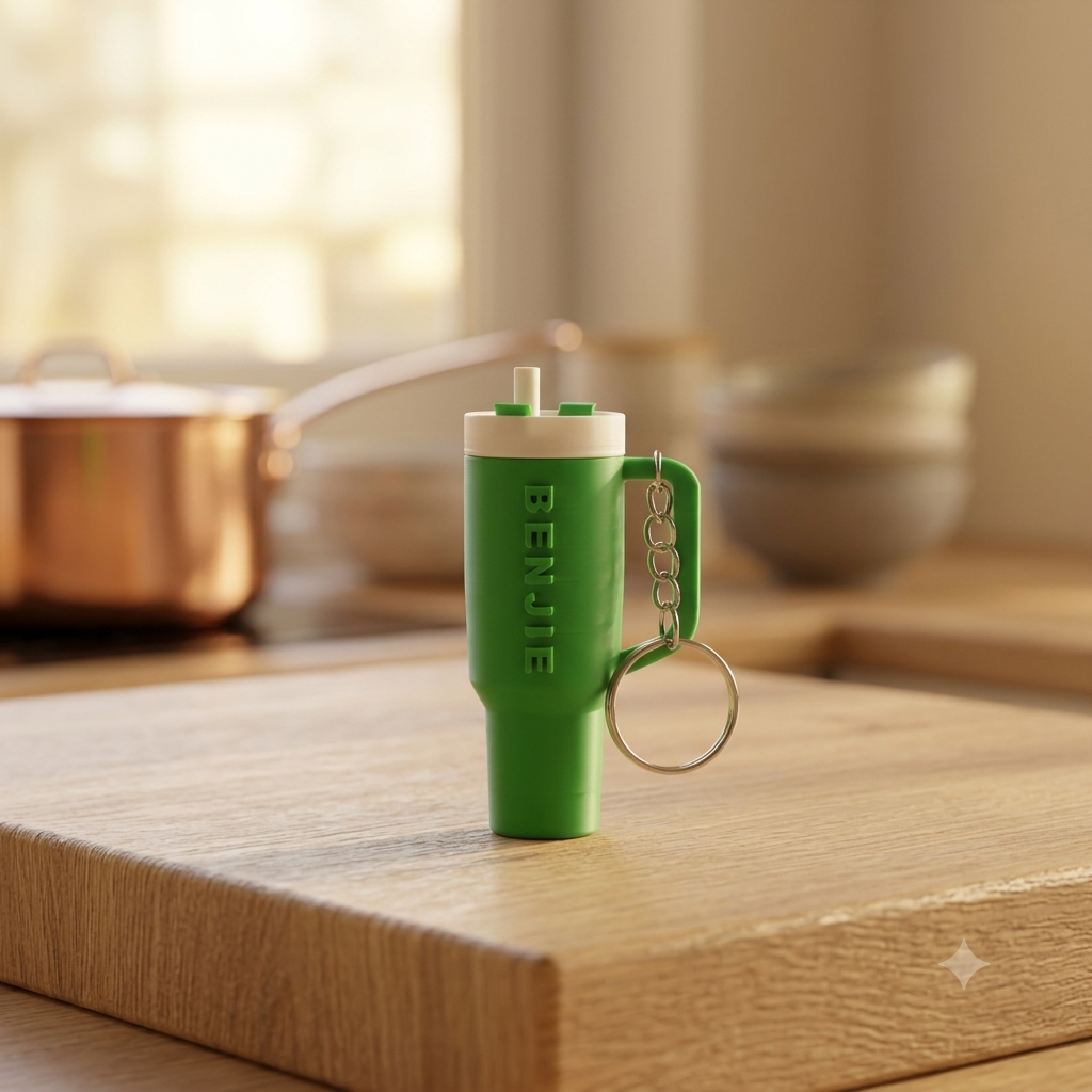 Sipper shaped keychain in green colour with name Benjie