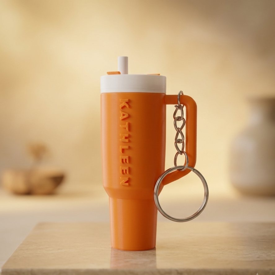 Sipper shaped keychain in orange colour with name kathleen