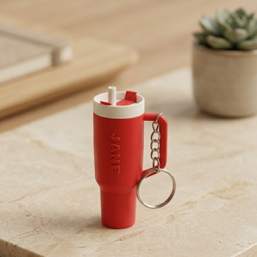 Sipper shaped keychain in red colour with name Jane