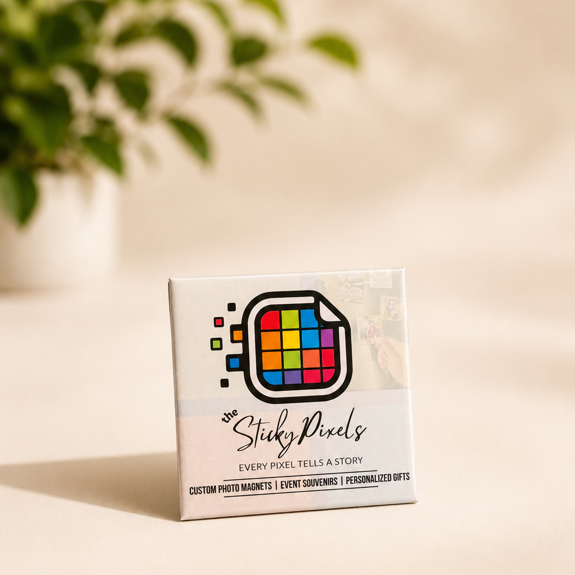 Square photo magnet with brand logo